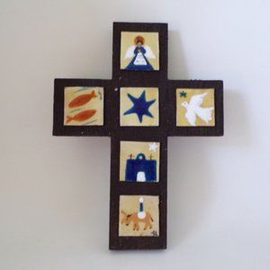 Handcrafted Wood Cross with Enamel on Copper Tiles 12" x 8.75"